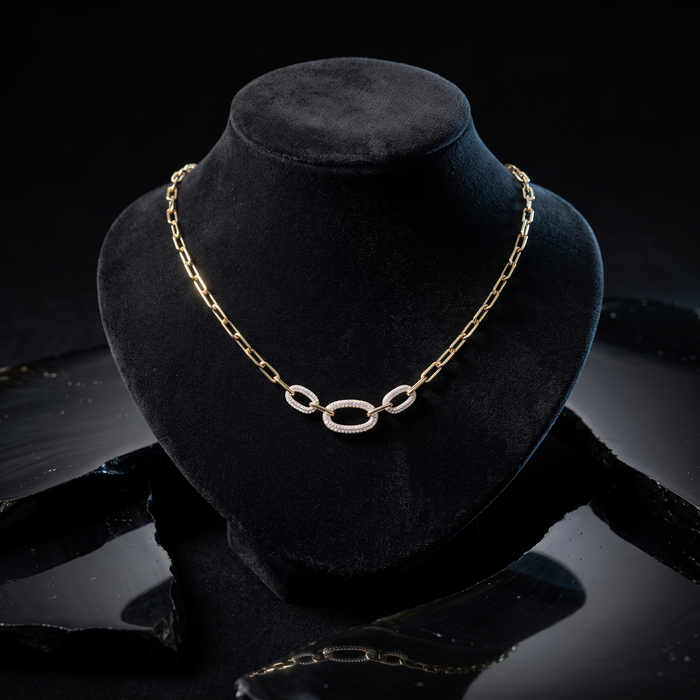Oval Shape Diamond 14K (or 18k upon request) Yellow Gold Link Necklace