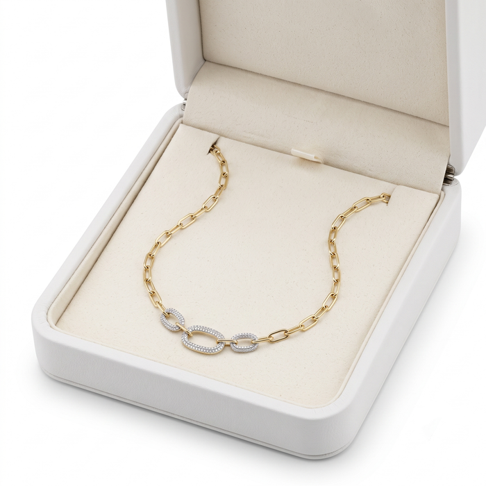 Oval Shape Diamond 14K (or 18k upon request) Yellow Gold Link Necklace