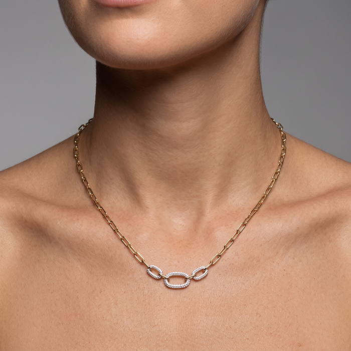 Oval Shape Diamond 14K (or 18k upon request) Yellow Gold Link Necklace