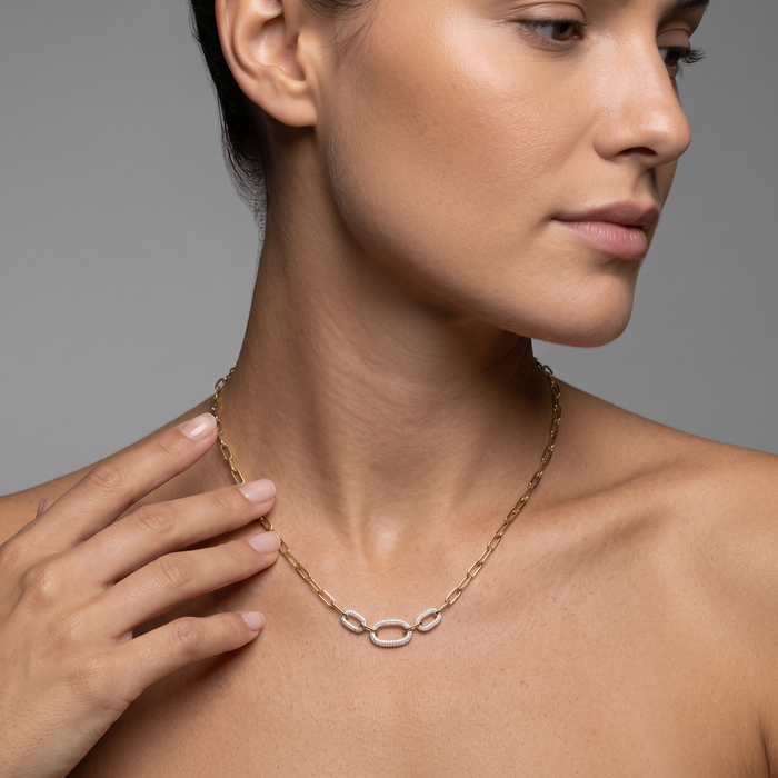 Oval Shape Diamond 14K (or 18k upon request) Yellow Gold Link Necklace