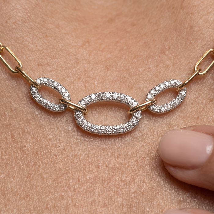 Oval Shape Diamond 14K (or 18k upon request) Yellow Gold Link Necklace