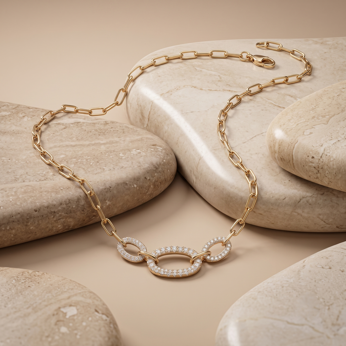 Oval Shape Diamond 14K (or 18k upon request) Yellow Gold Link Necklace