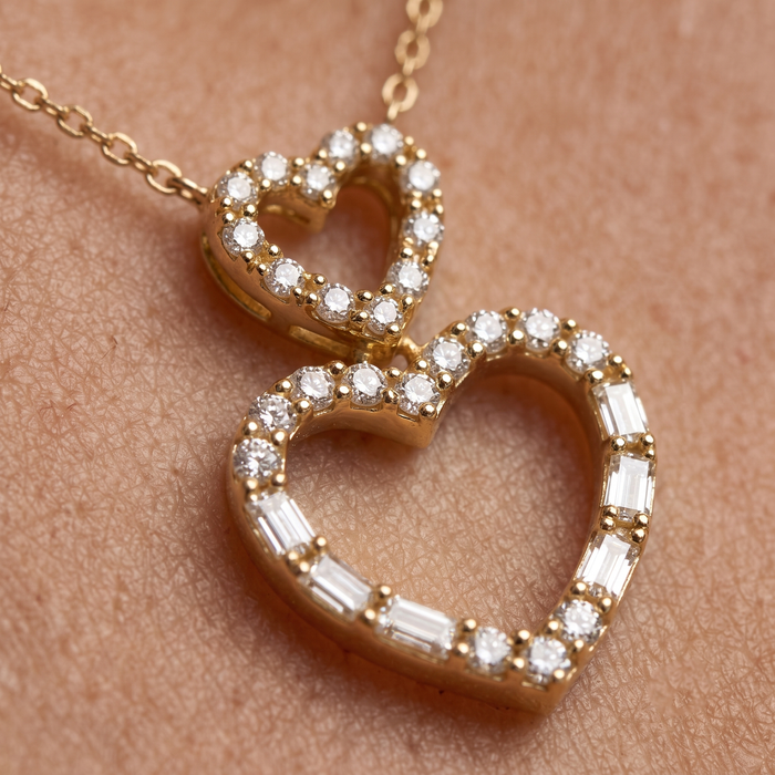 Double Open Heart Diamond Pendant Necklace in 14K Yellow Gold