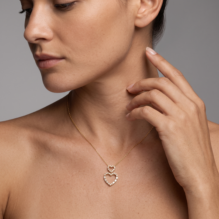 Double Open Heart Diamond Pendant Necklace in 14K Yellow Gold