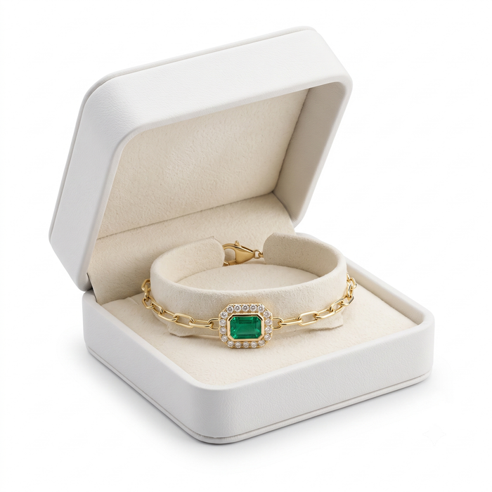 Green Halo Emerald Centre Paperclip Chain Bracelet in 14K Gold