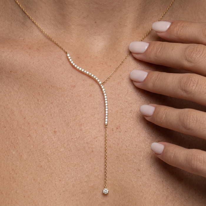 Curved Drop Accent Diamond Lariat Necklace in 14K Yellow Gold