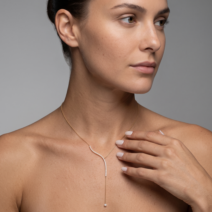 Curved Drop Accent Diamond Lariat Necklace in 14K Yellow Gold