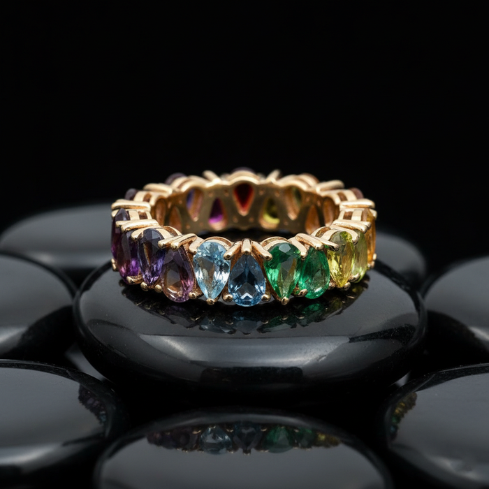 Exquisite Multi-Color Sapphire & Emerald Eternity 14K Gold Ring