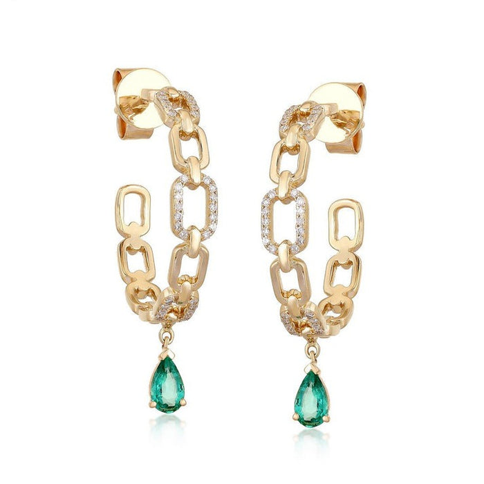 Emerald Diamond Chain Link Hoop Earrings in 14K Yellow Gold