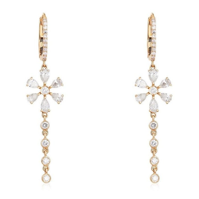 Diamond Flower Radiant Drop Earrings in 14K Yellow Gold