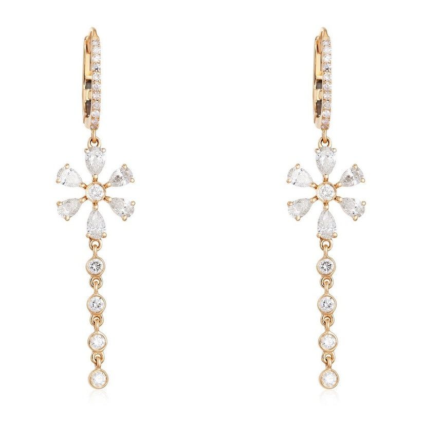 Diamond Flower Radiant Drop Earrings in 14K Yellow Gold