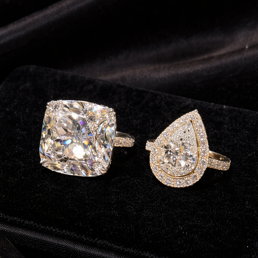 Luxury Diamond Duo Cushion Cut & Pear Halo Rings in 14K White Gold