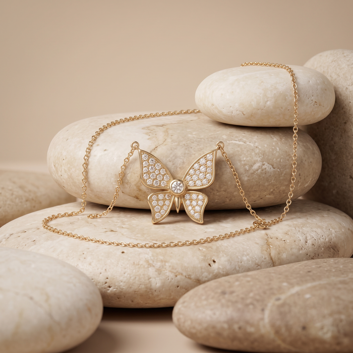 Diamond Pave Butterfly Pendant Necklace in 14K Yellow Gold