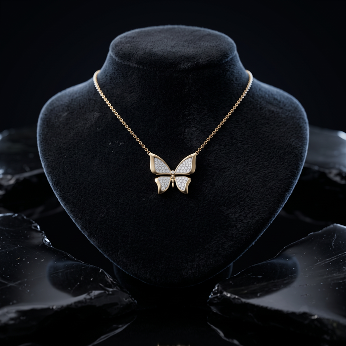 Diamond Pave Butterfly Pendant Necklace in 14K Yellow Gold