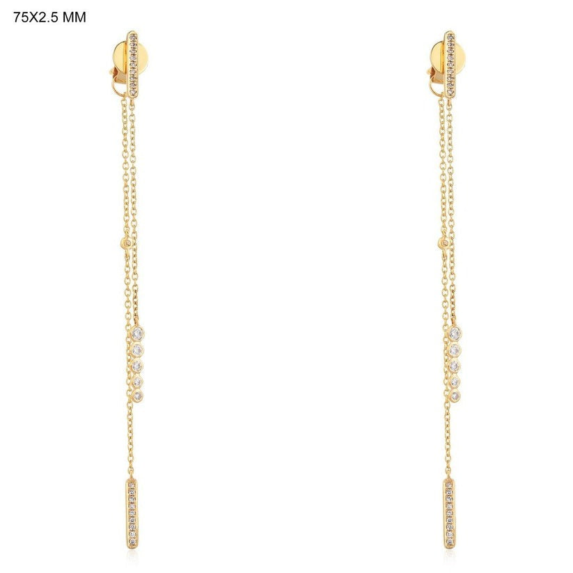 Pave Bars Double Chain Drop Earrings in 14K Yellow Gold