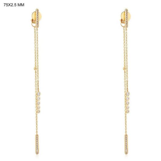 Pave Bars Double Chain Drop Earrings in 14K Yellow Gold