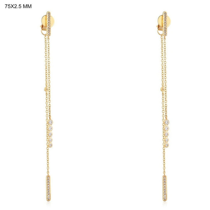 Pave Bars Double Chain Drop Earrings in 14K Yellow Gold
