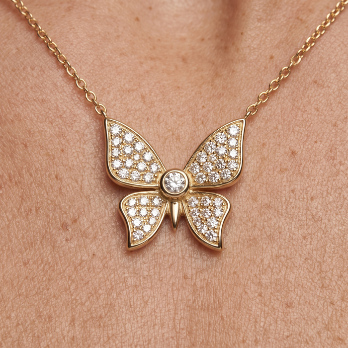 Diamond Pave Butterfly Pendant Necklace in 14K Yellow Gold