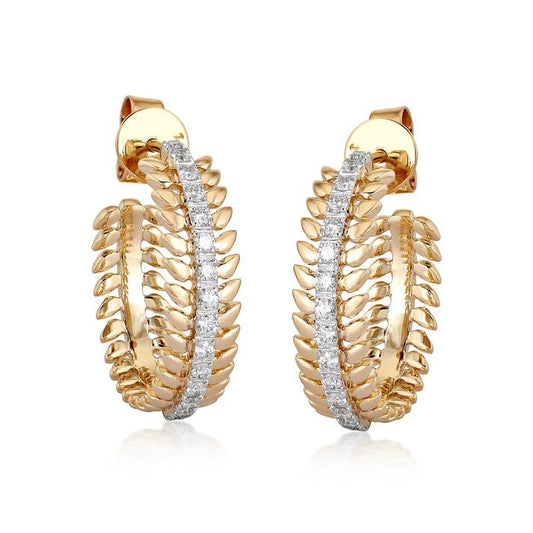 Leaf Link Diamond Hoop Earrings in 14K Yellow Gold