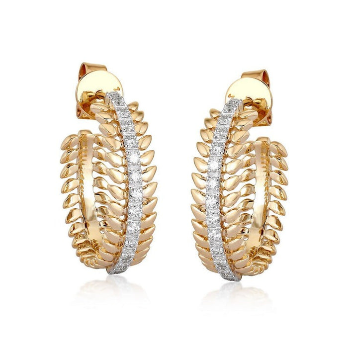 Leaf Link Diamond Hoop Earrings in 14K Yellow Gold