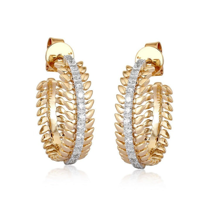 Leaf Link Diamond Hoop Earrings in 14K Yellow Gold