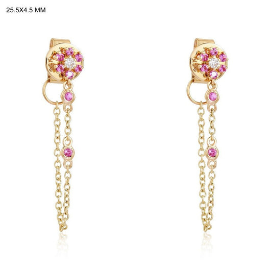Pink Cluster Chain Drop Earrings in 14K Yellow Gold
