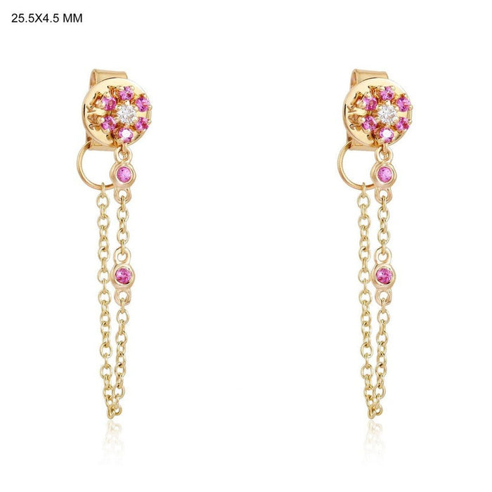 Pink Cluster Chain Drop Earrings in 14K Yellow Gold