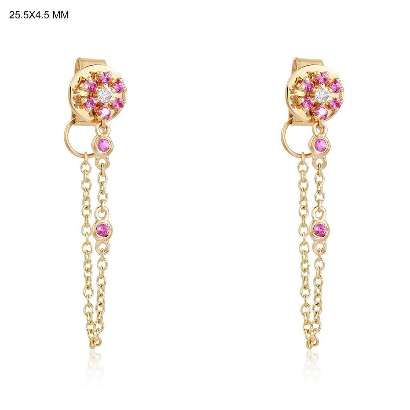 Pink Cluster Chain Drop Earrings in 14K Yellow Gold