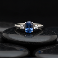 Oval Blue Sapphire 14K White Gold Diamond Three-Stone Ring