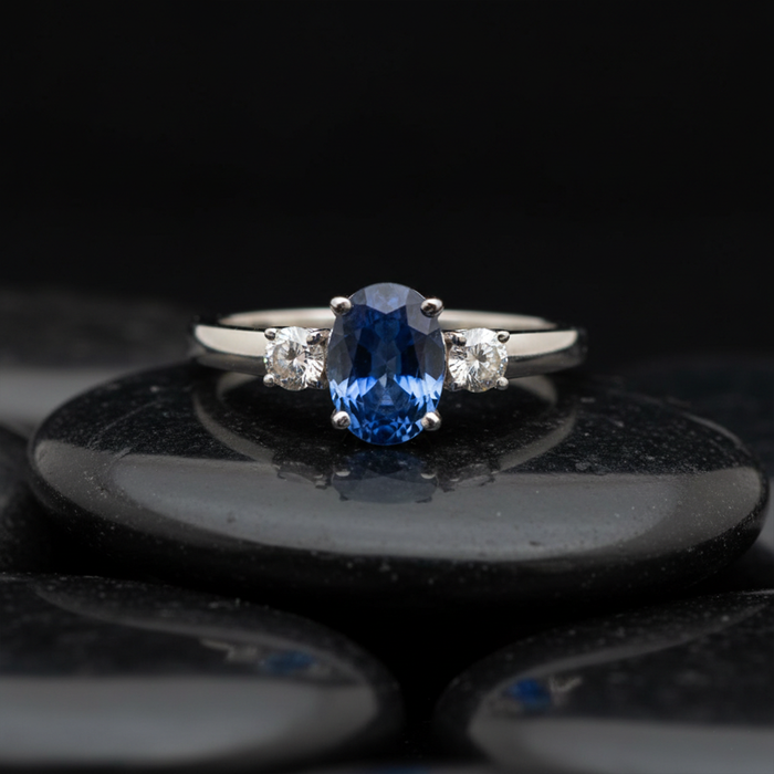 Oval Blue Sapphire 14K White Gold Diamond Three-Stone Ring