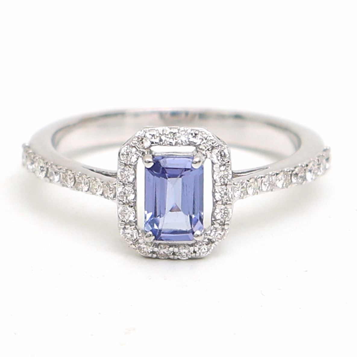 Azure Promise Blue Tanzanite Diamond Halo Ring in 18K White Gold