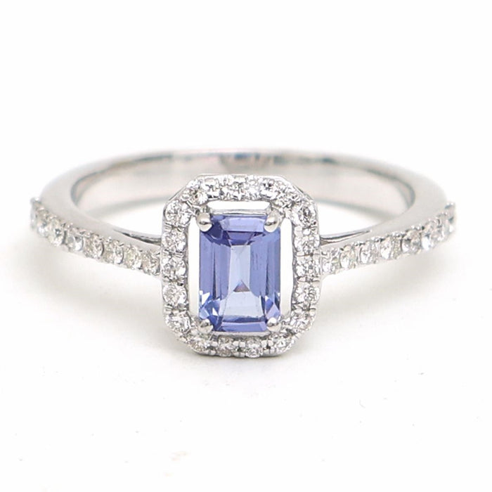 Azure Promise Blue Tanzanite Diamond Halo Ring in 18K White Gold