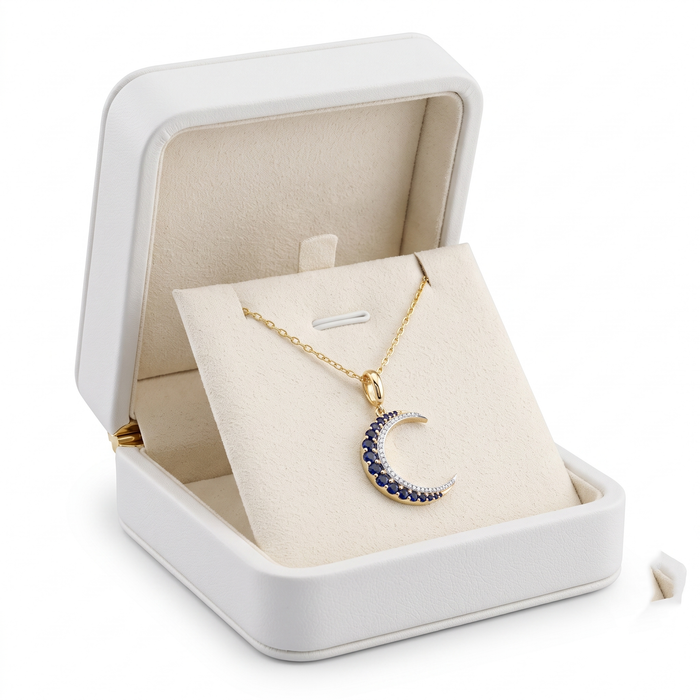 Blue Sapphire Moon Diamond Pendant Necklace in 14K Yellow Gold