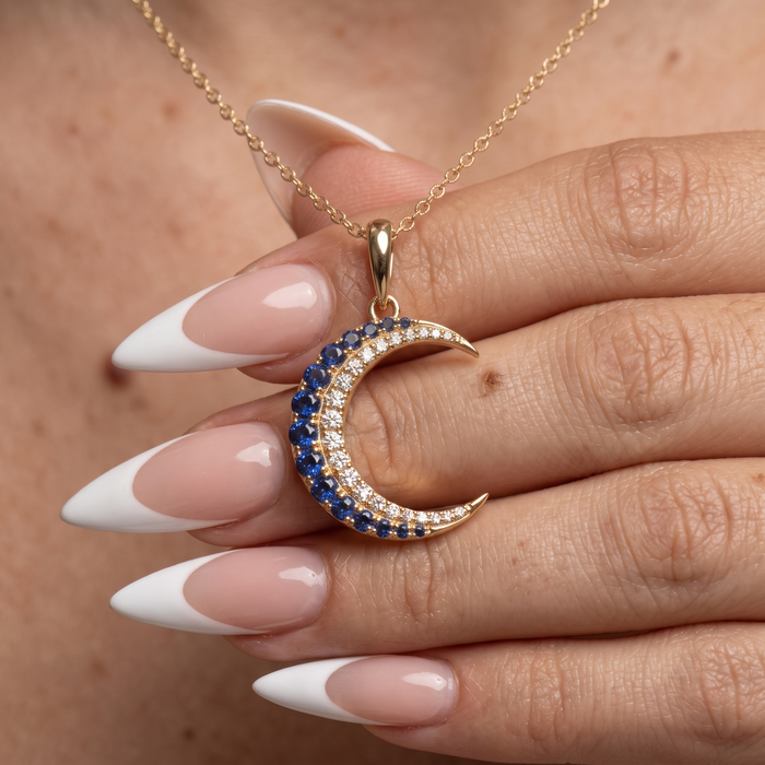 Blue Sapphire Moon Diamond Pendant Necklace in 14K Yellow Gold