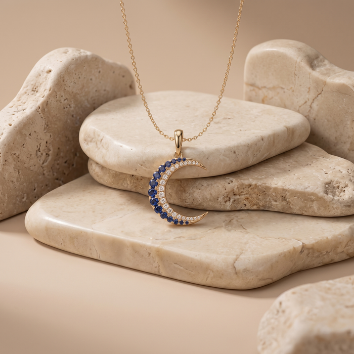 Blue Sapphire Moon Diamond Pendant Necklace in 14K Yellow Gold