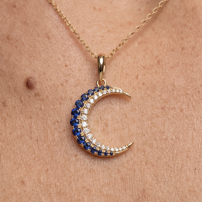 Blue Sapphire Moon Diamond Pendant Necklace in 14K Yellow Gold