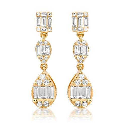 Baguette Round Triple Drop Dangle Earrings in 14K Yellow Gold
