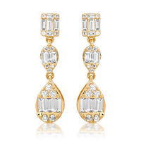Baguette Round Triple Drop Dangle Earrings in 14K Yellow Gold