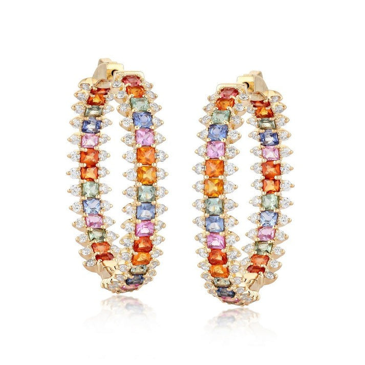 Rainbow Sapphire Pave Hoop Earrings in 14K Yellow Gold
