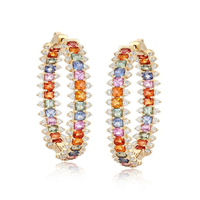 Rainbow Sapphire Pave Hoop Earrings in 14K Yellow Gold