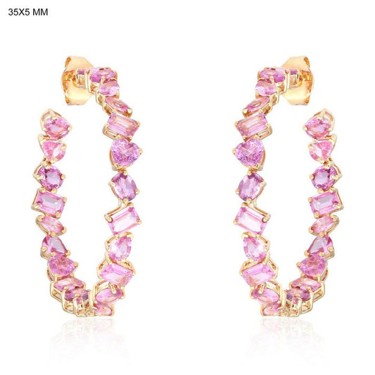 Pink Sapphire Mixed Cut Hoop Earrings in 14K Yellow Gold