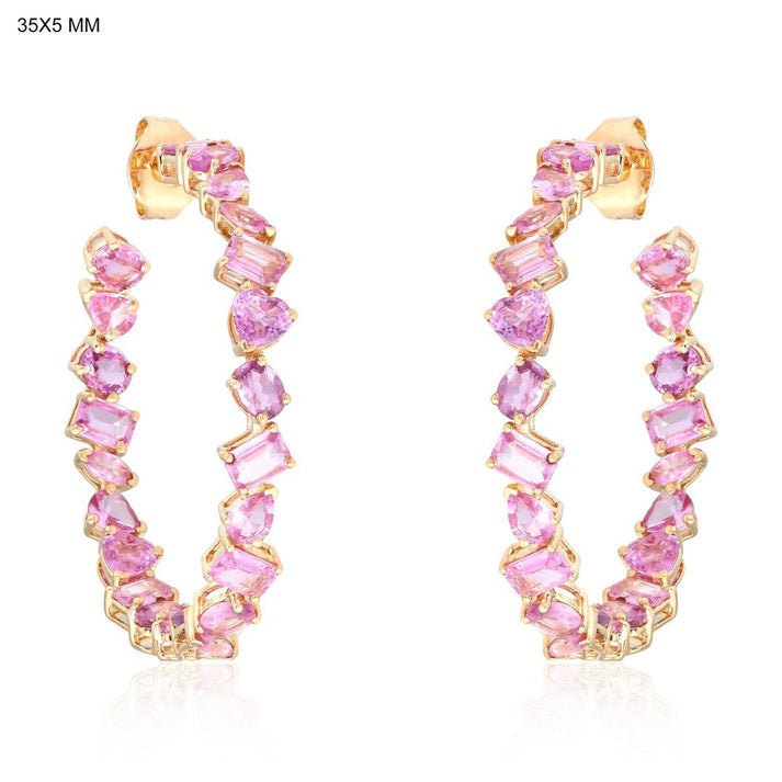 Pink Sapphire Mixed Cut Hoop Earrings in 14K Yellow Gold