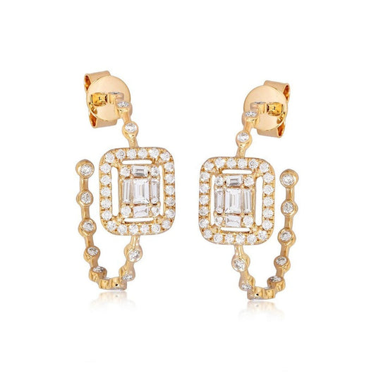Baguette Diamond Frame Hoop Stud Earrings in 14K Yellow Gold