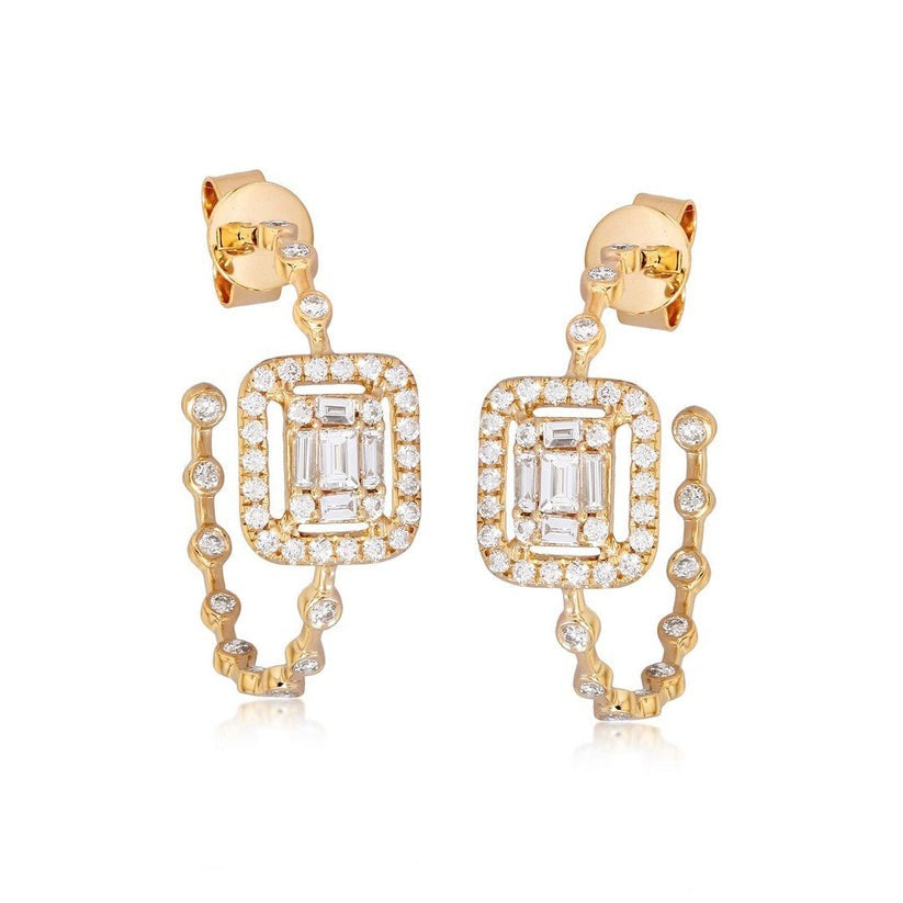 Baguette Diamond Frame Hoop Stud Earrings in 14K Yellow Gold