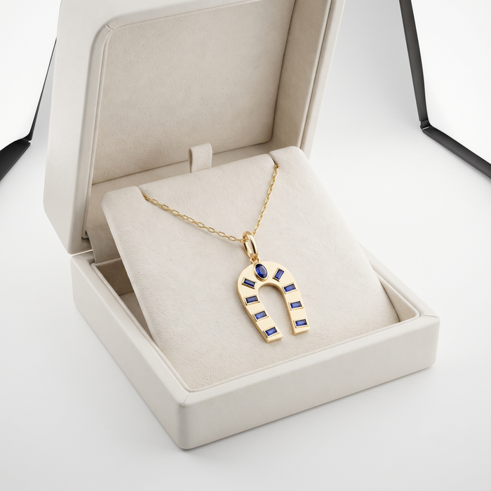 Blue Sapphire Emerald Pendant Necklace in 14K Yellow Gold