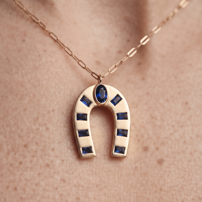 Blue Sapphire Emerald Pendant Necklace in 14K Yellow Gold