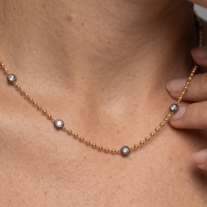 Diamond Ball Chain Station Necklace in 14K Yellow Gold