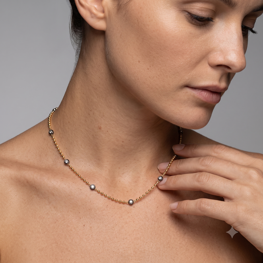Diamond Ball Chain Station Necklace in 14K Yellow Gold