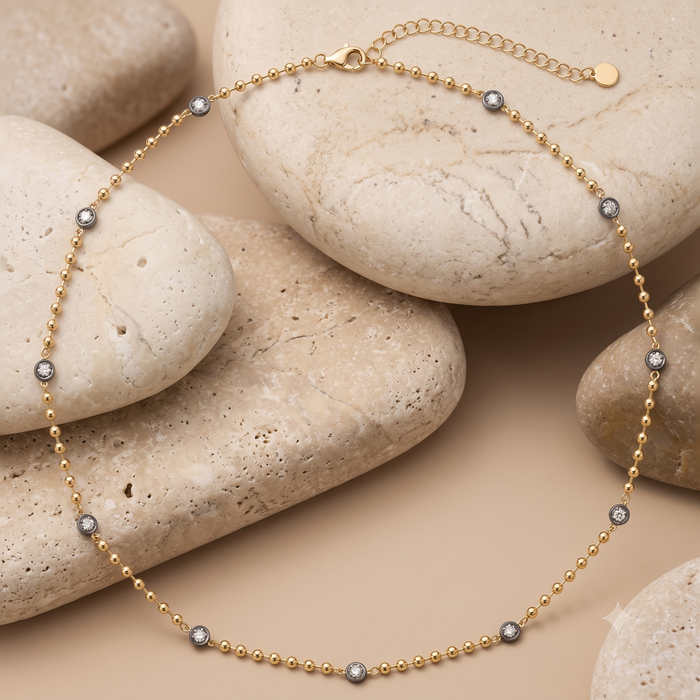 Diamond Ball Chain Station Necklace in 14K Yellow Gold