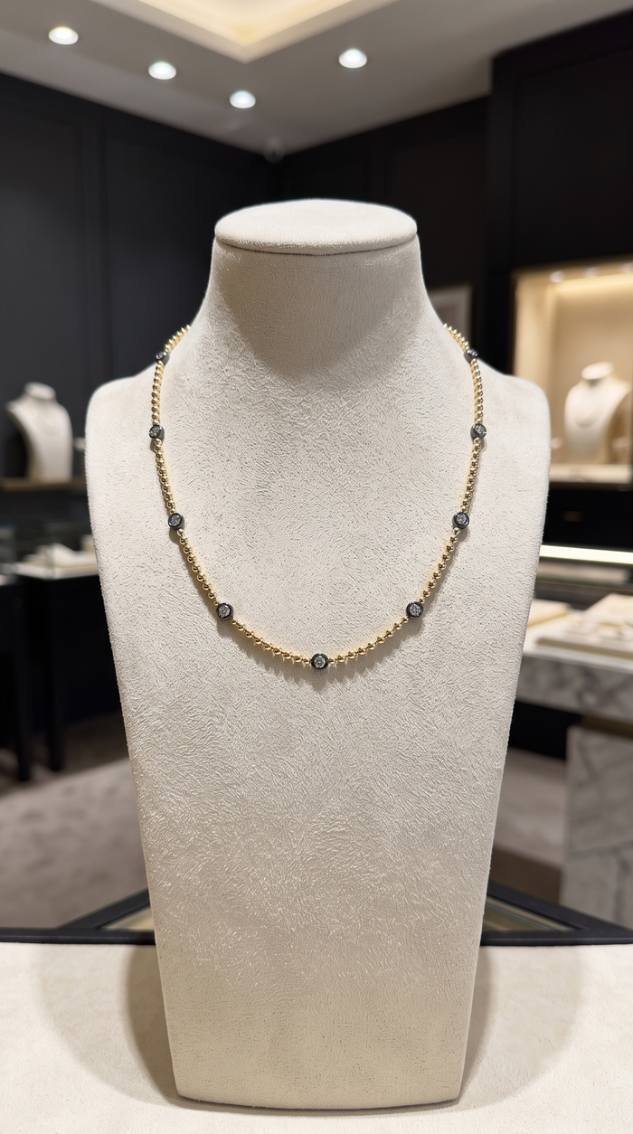 Diamond Ball Chain Station Necklace in 14K Yellow Gold